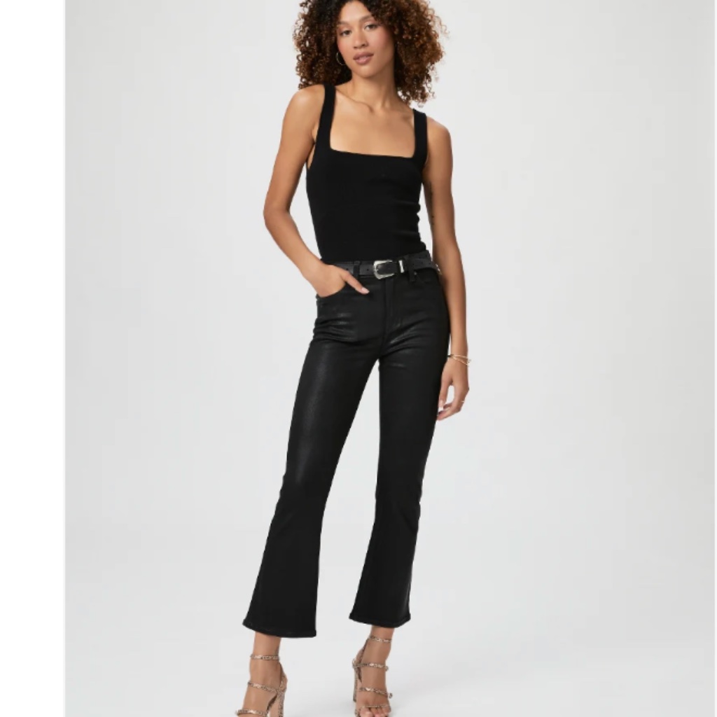 Euc Paige Claudine Ankle Kick Flare Jeans In Black Fog Luxe Coating, Size 30